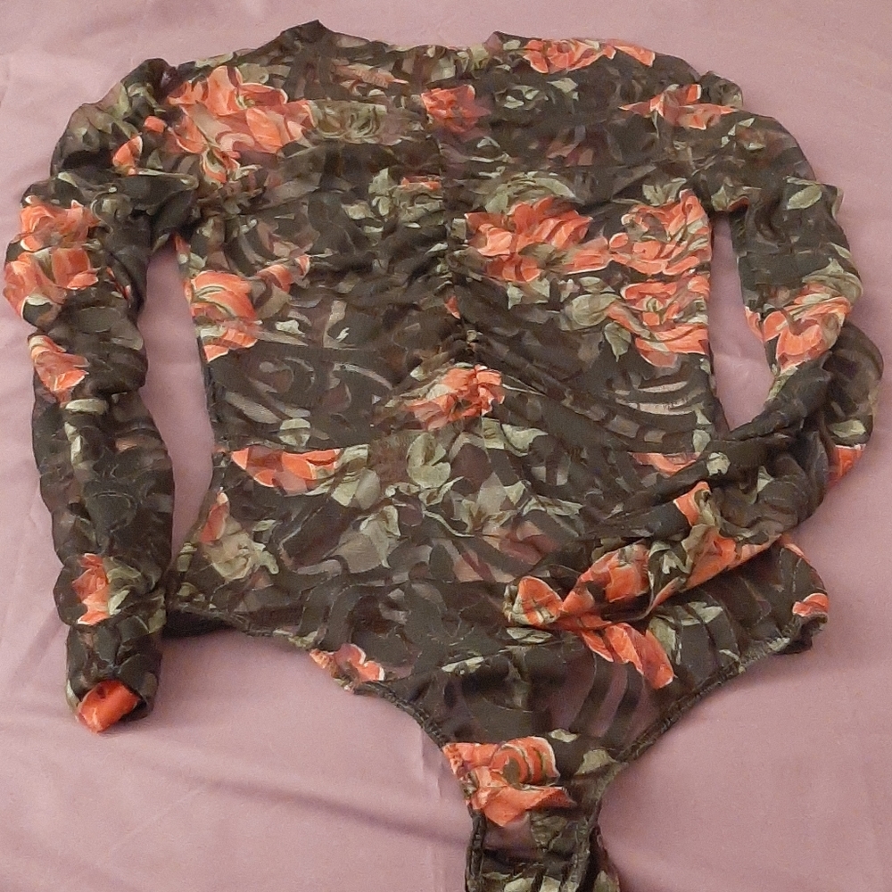 Embroided botanical sheer mesh top.